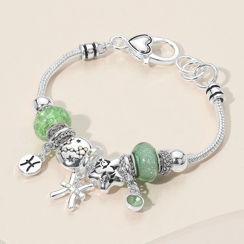 Pisces Zodiac Charm Bracelet Green Glass Beads Silver Tone Adjustable Jewelry
