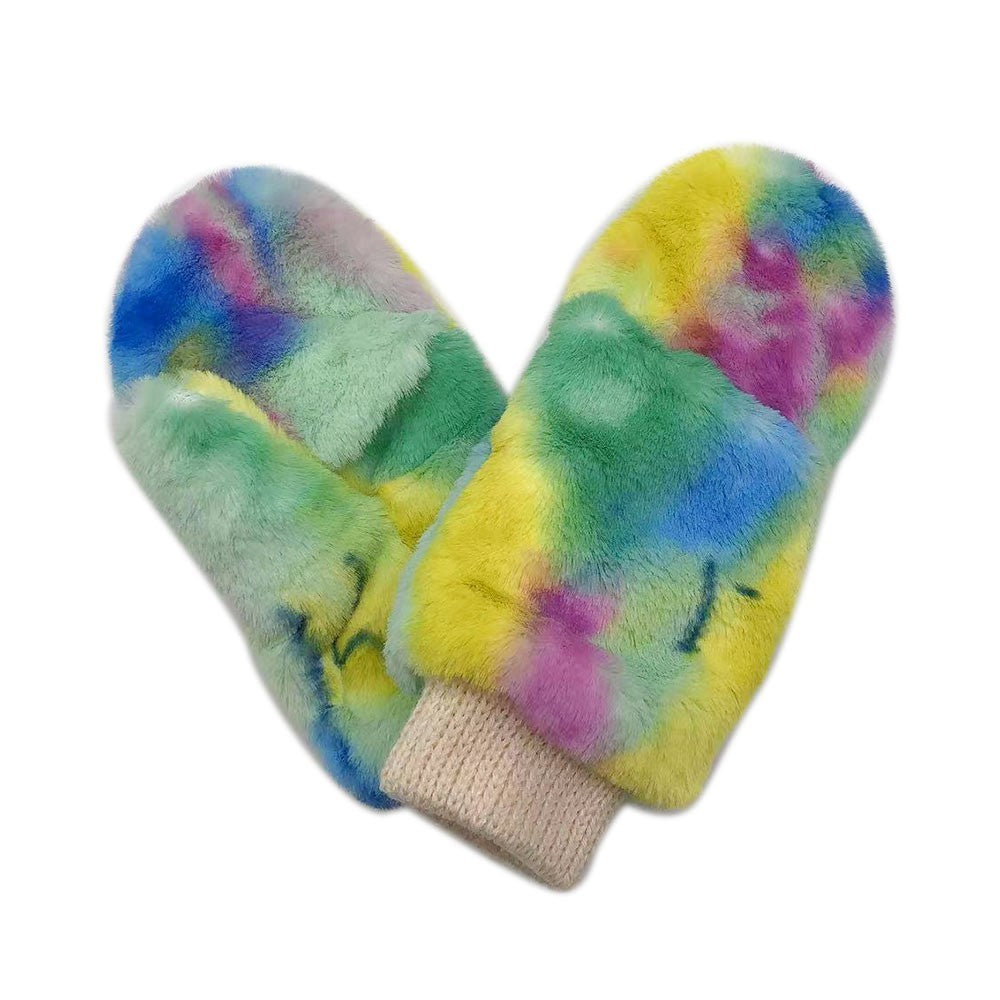 Tie Dye Faux Fur Mitten Gloves Cozy Plush Winter Mittens for Women