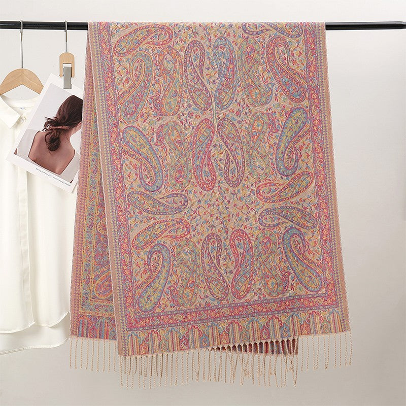 Vintage Paisley Shawl Scarf Wrap Winter Tapestry Fringe Boho Green Red Gift