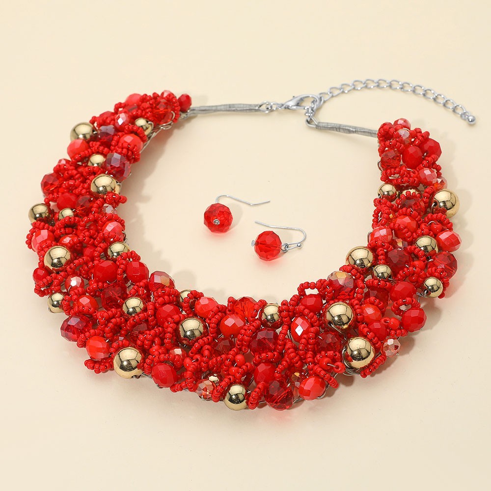 Faceted Beaded Collar Statement Necklace for Women Red Jewelry for Ladies