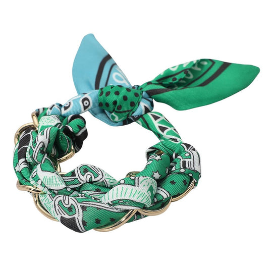 Boho Green Patterned Scarf Gold Chain Link Wrap Bracelet Necklace Statement