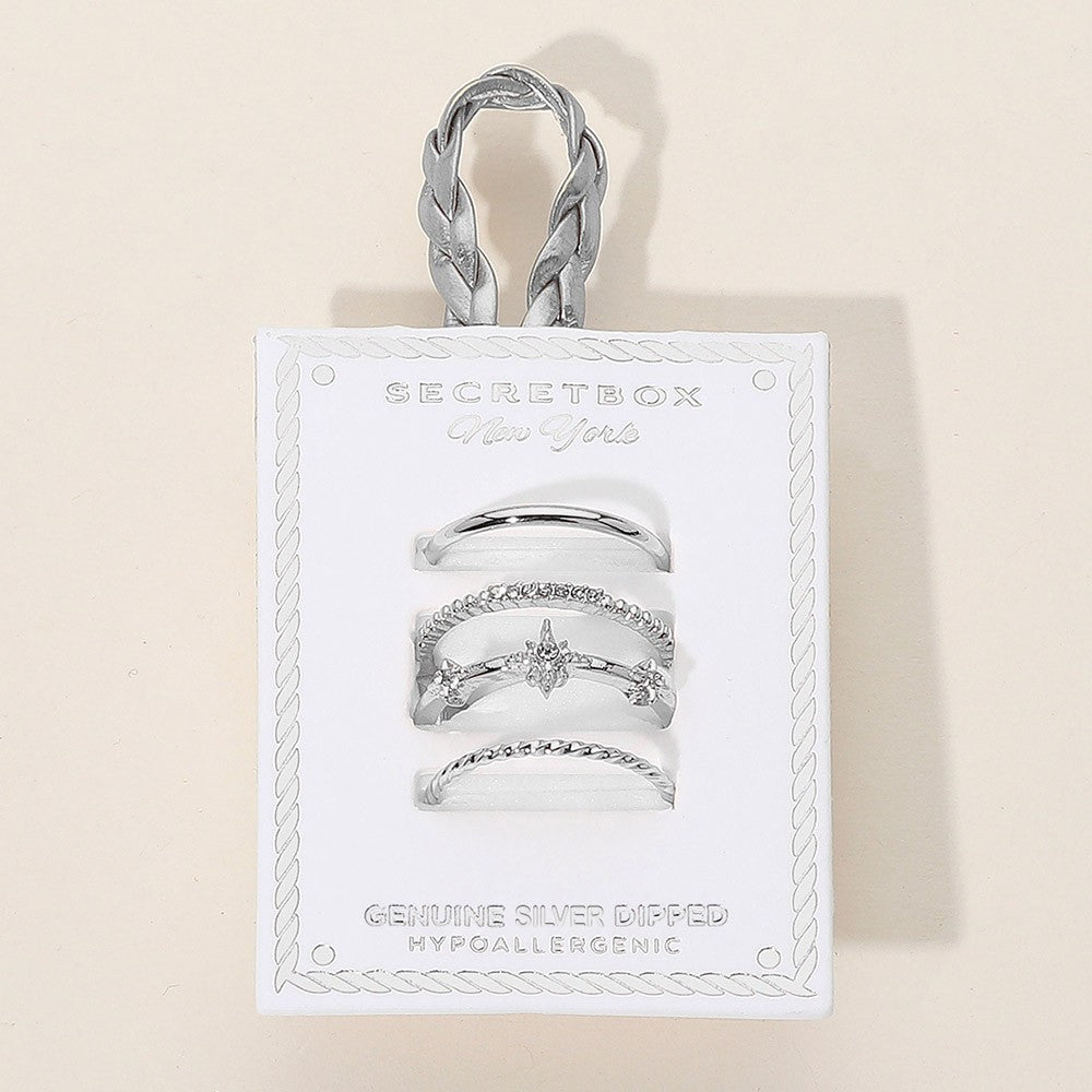 3PC Silver Dipped Hypoallergenic Stackable Ring Set  Band Star Cuff Size 7.5