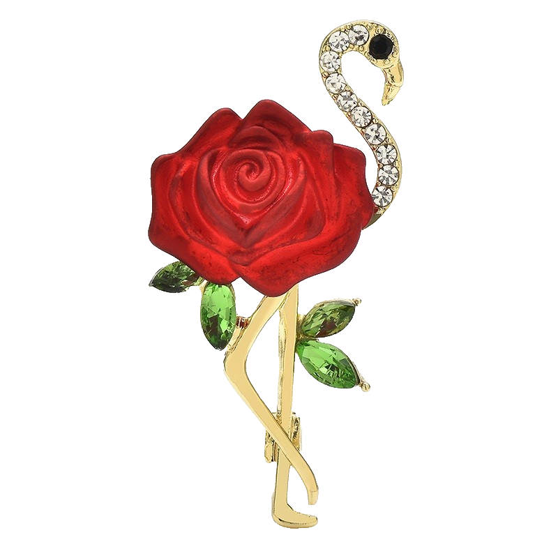 Rose Flamingo Brooch Crystal Enamel Pin Animal Flower Jewelry Gift