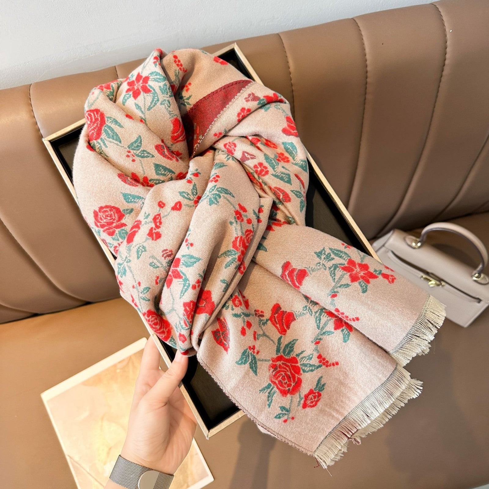 Soft Floral Cashmere Feel Scarf Wrap Shawl Oversized Winter Fringe 25"x72"