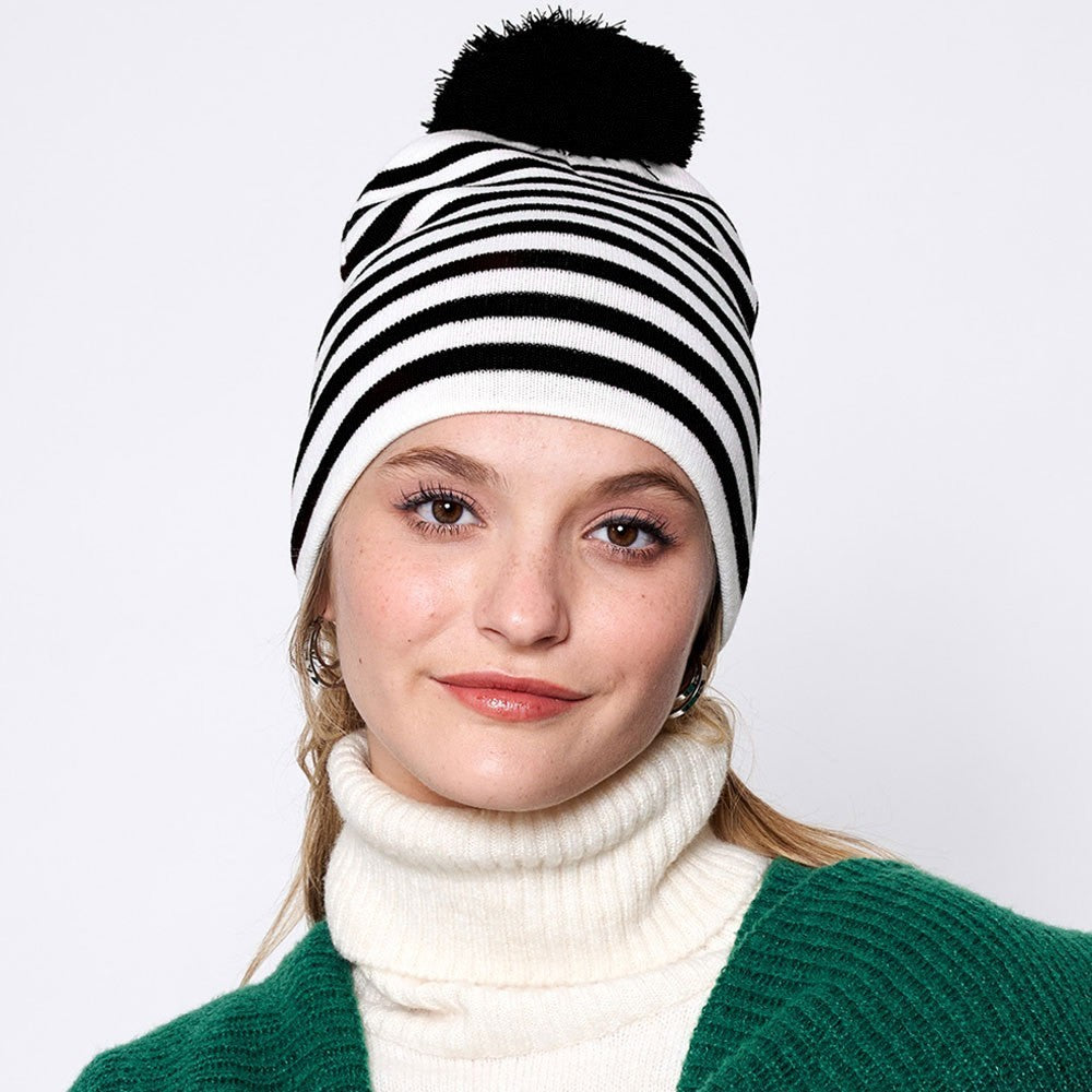 Two Tone Striped Womens Winter Beanie Hat One Size White Black Knit 100% Acrylic