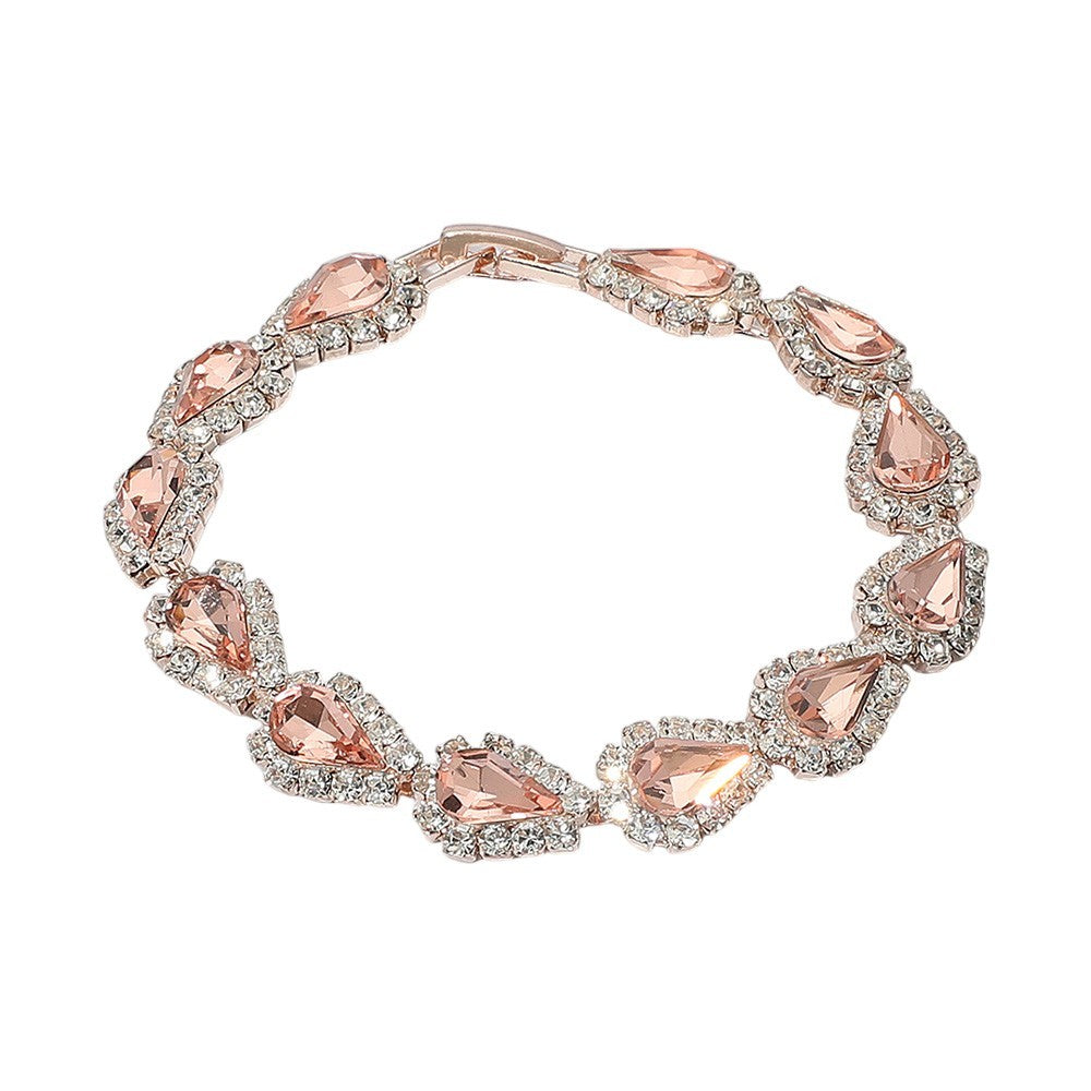 Rose Gold Tone Pink Teardrop Crystal Tennis Bracelet Bridal Prom Jewelry 7.25"