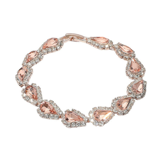 Rose Gold Tone Pink Teardrop Crystal Tennis Bracelet Bridal Prom Jewelry 7.25"