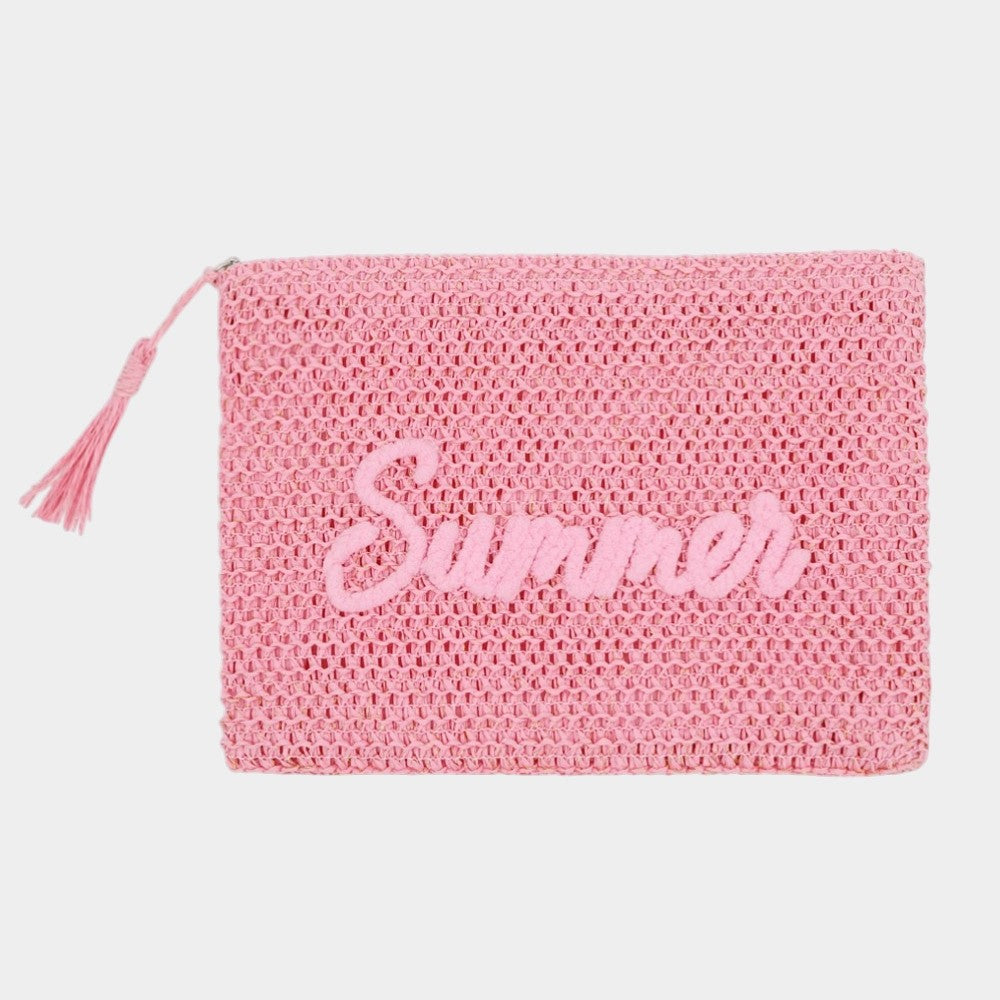Pink Woven Straw Summer Pouch Tassel Zipper Clutch Beach Vacation Makeup Bag