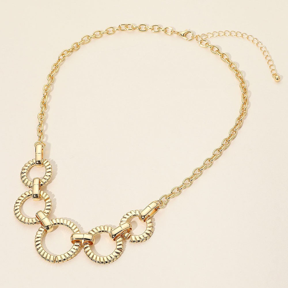 Textured Gold Tone Metal Ring Link Statement Necklace for Women Fashion Jewelry