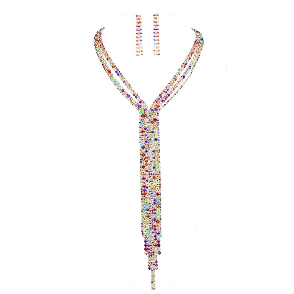 Colorful Rhinestone Crystal Tie Necklace and Dangle Earring Set for Women