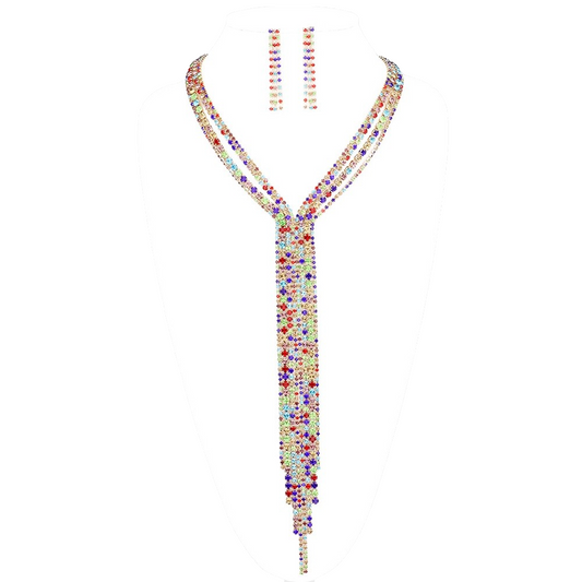 Colorful Rhinestone Crystal Tie Necklace and Dangle Earring Set for Women