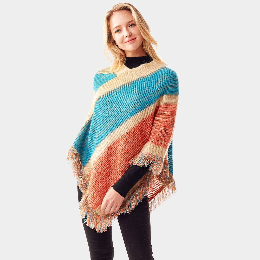 Women's Fall Winter Striped Knit Poncho Sweater Shawl Boho Striped Knit Ponchos