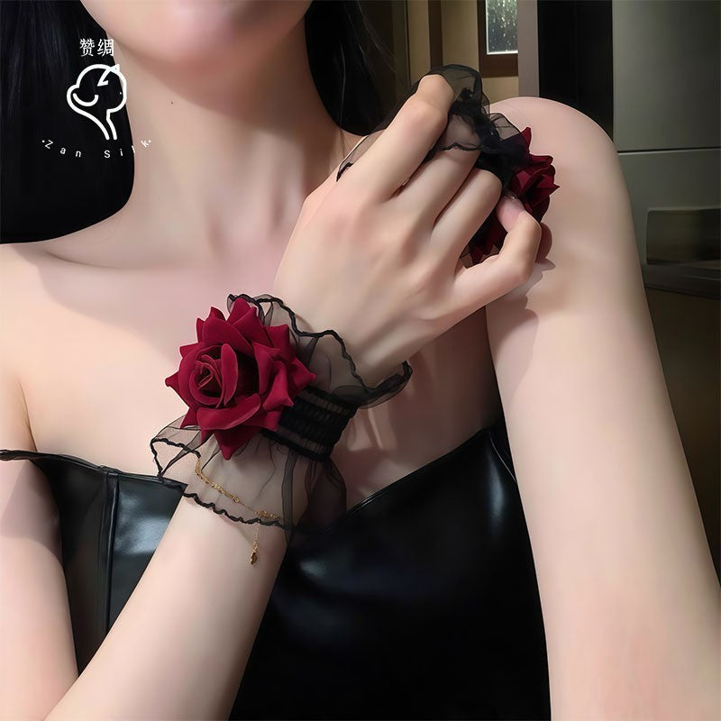 2PC Black Lace Rose Wrist Cuffs Gothic Choker Set Floral Bracelet Corsage