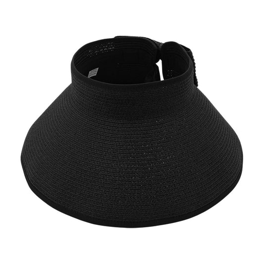 Wide Brim Straw Roll-Up Sun Visor Hat Black for Women Summer Beach UV Protection