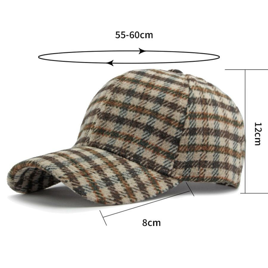 Men's Plaid Wool Blend Baseball Cap Winter Warm Adjustable Strap Hat Grey Tan