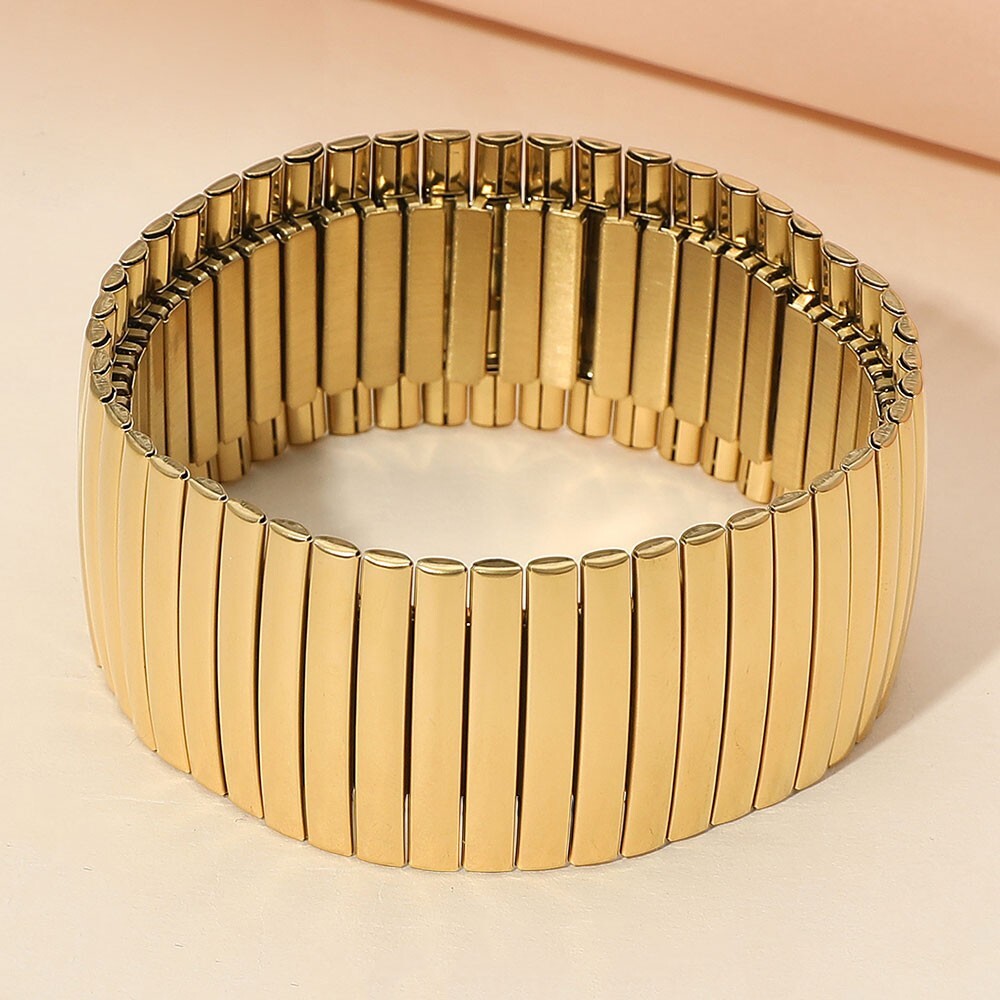 Stainless Steel Bar Beaded Wide Stretch Bracelet Unisex Elastic Wristband