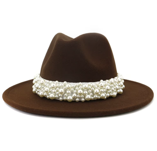 White Felt Jazz Fedora Hat with Pearl Band Wide Brim Elegant Dressy Accessory