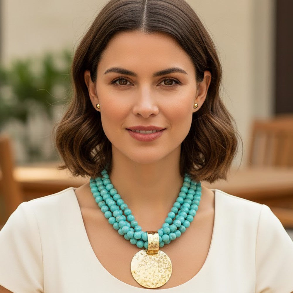 Multi Strand Turquoise Beaded Bold Hammered Disc Pendant Necklace with Earrings