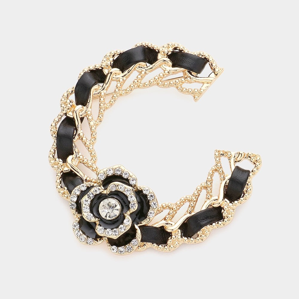 Gold Tone Woven Ribbon Chain C Brooch Camellia Flower Rhinestone Statement Pin