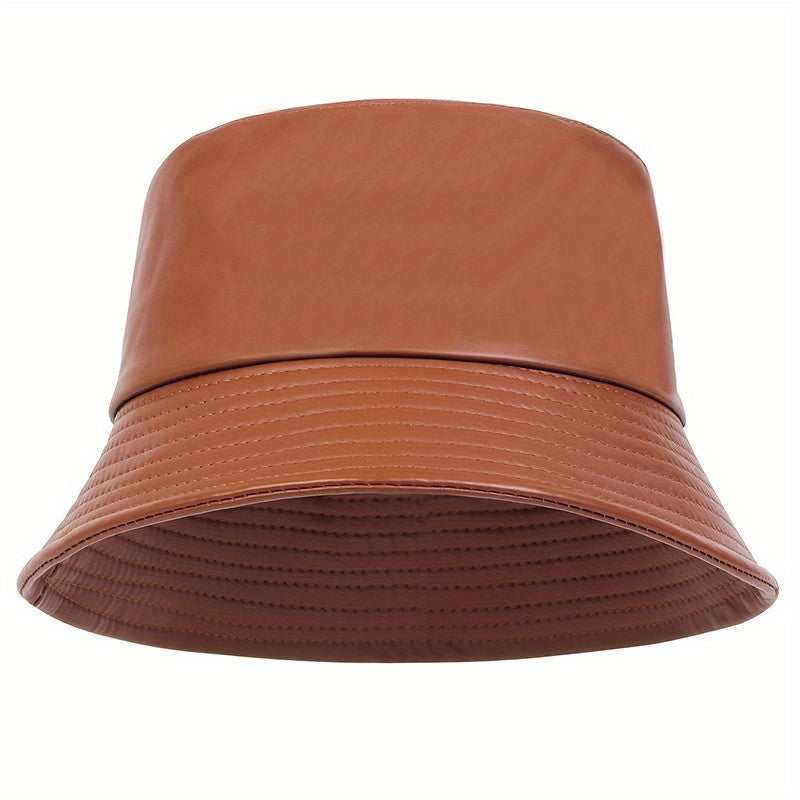 Brown Faux Leather Bucket Hat Unisex Wide Brim Fisherman Cap Streetwear