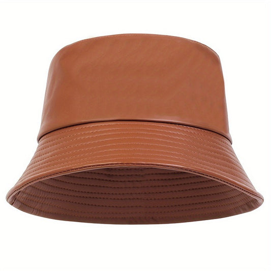 Brown Faux Leather Bucket Hat Unisex Wide Brim Fisherman Cap Streetwear