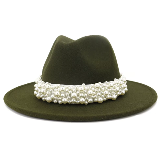 White Felt Jazz Fedora Hat with Pearl Band Wide Brim Elegant Dressy Accessory