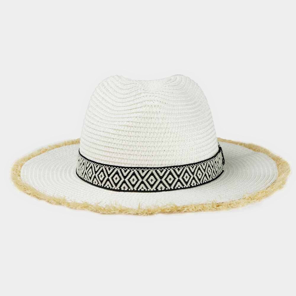 Frayed Trim Aztec Straw Hat for Women Summer Boho Style Beach Sun Hat White