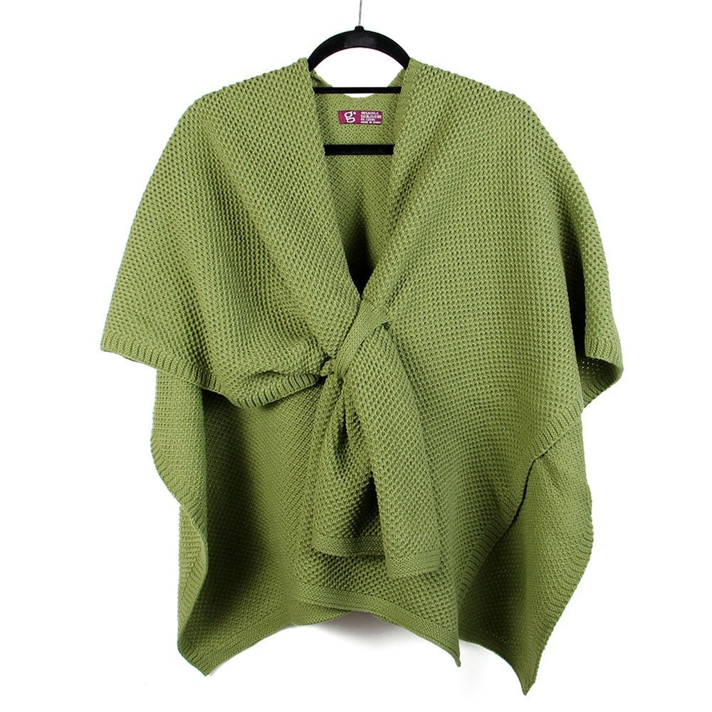 Green Waffle Knit Twist Front Poncho Wrap Cardigan Sweater Shawl Fall Fashion