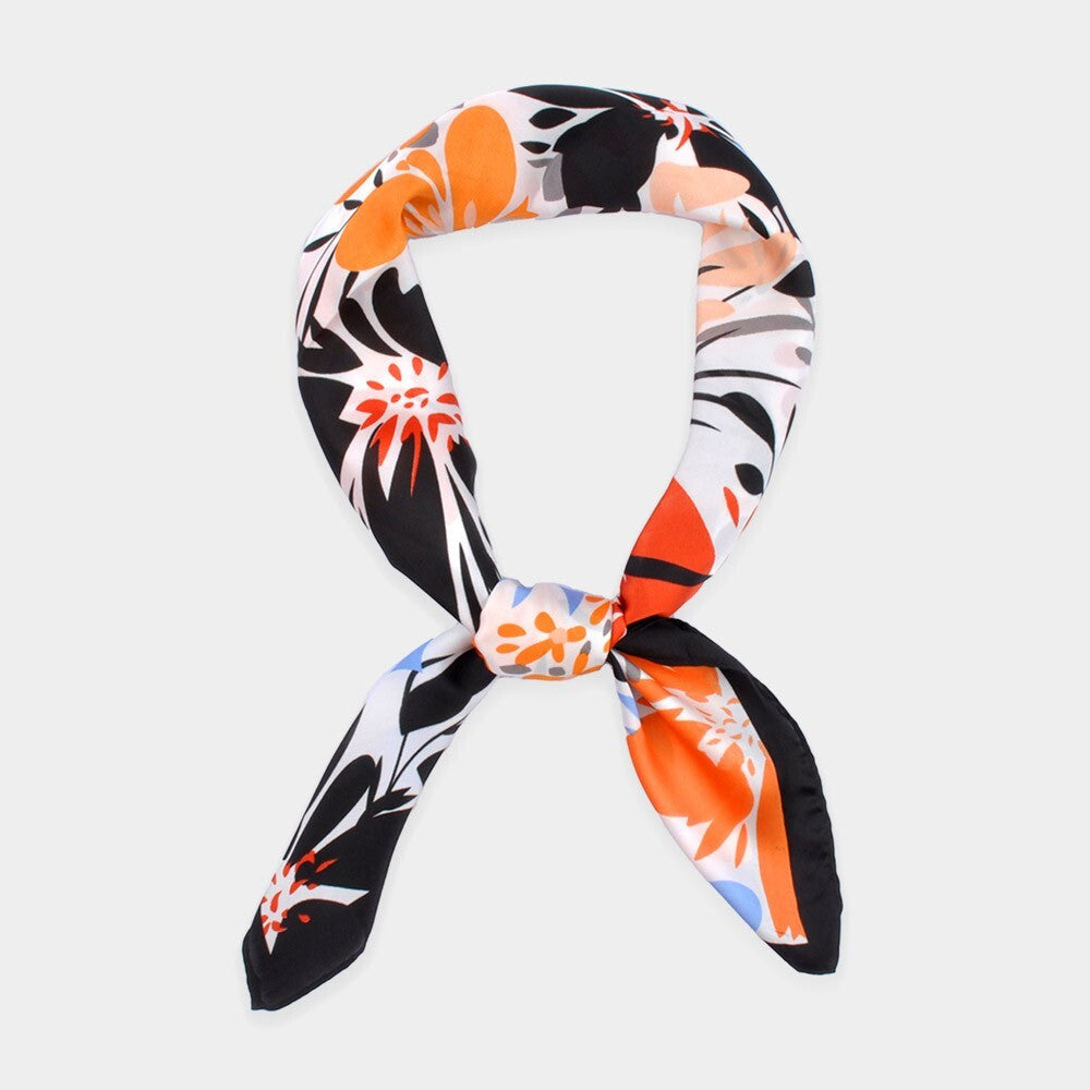 Floral Print Black Bandana Scarf Lightweight Square Neck Head Wrap for Women