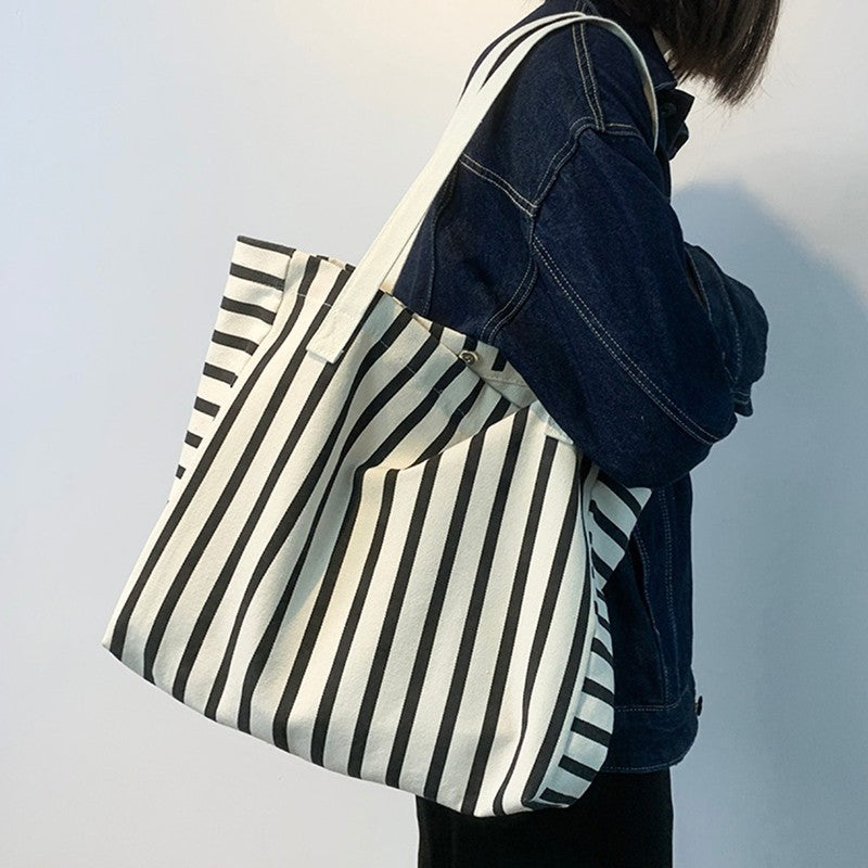 Large Canvas Tote Bag Striped Black White Shoulder Handbag Cotton Beach Shopper
