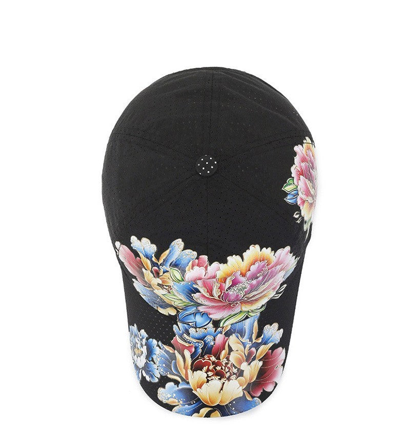 Vibrant Floral Peony Baseball Cap Black Perforated Mesh Breathable Adjustable