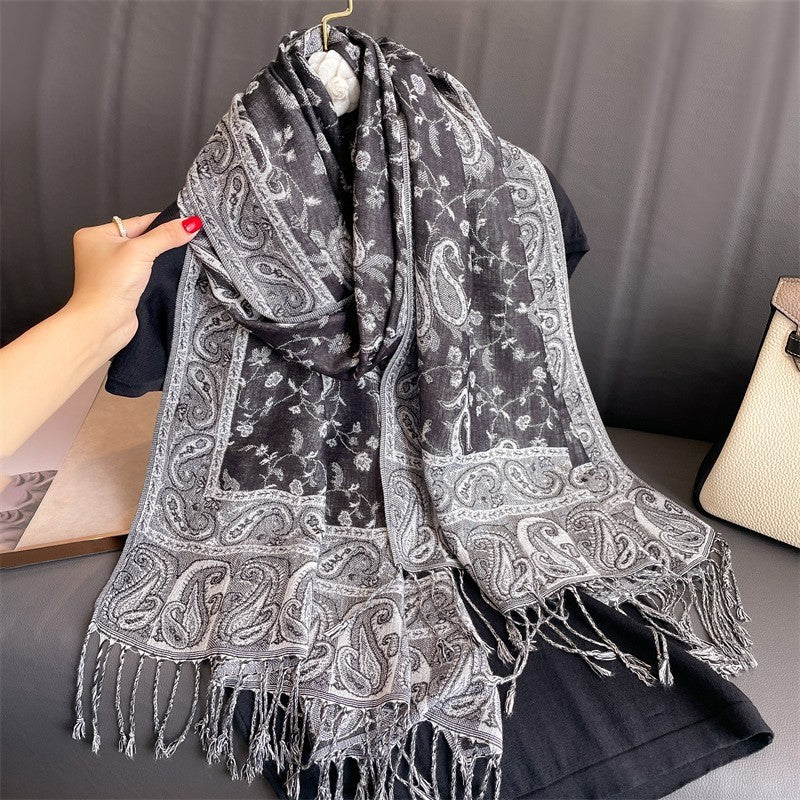 28X35 inch Thick Paisley Print Pashmina Scarf for Women Tassel Shawl Wrap Gray