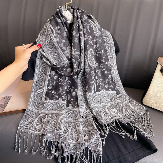 28X35 inch Thick Paisley Print Pashmina Scarf for Women Tassel Shawl Wrap Gray