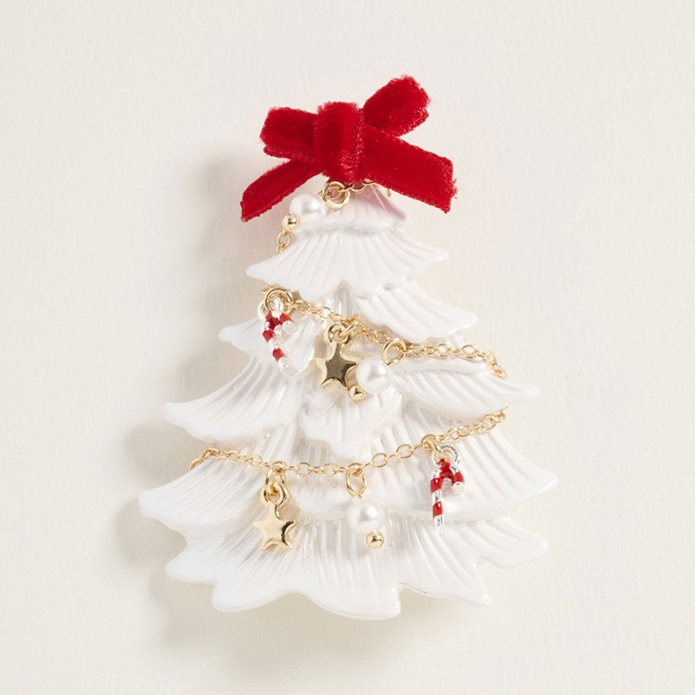 Festive Bow Top Christmas Tree Pin Brooch Lapel Pin with Gold-tone Chain Garland