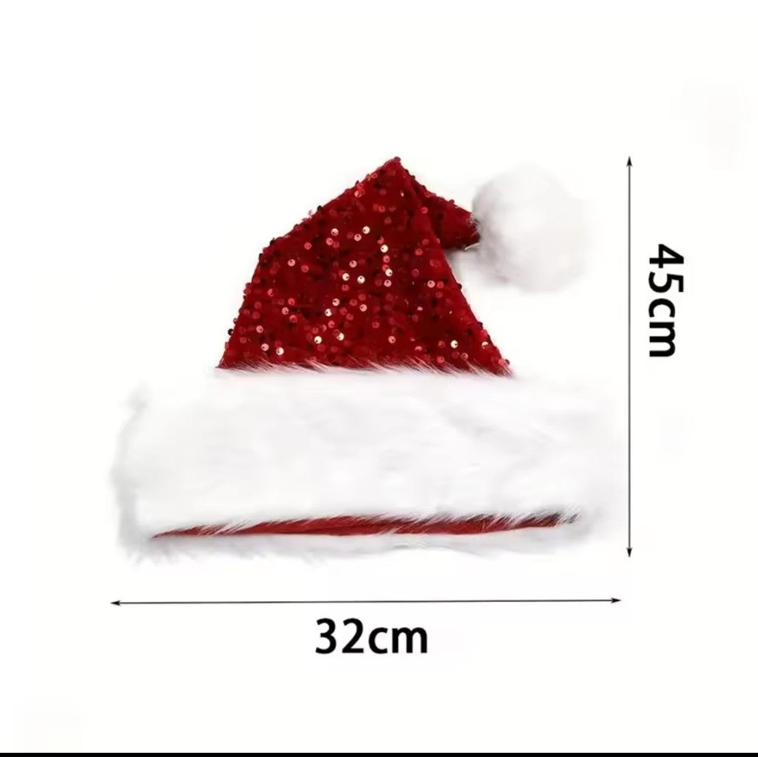 Red Sequin Santa Hat Adult Sparkly White Faux Fur Christmas Party Cap