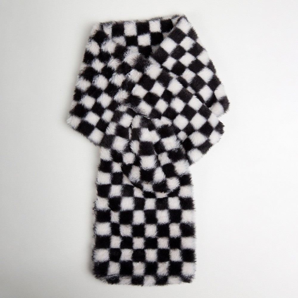 Faux Fur Plush Checkeredboard Pull Through Cowl Scarf for Women Black 6" X 35"