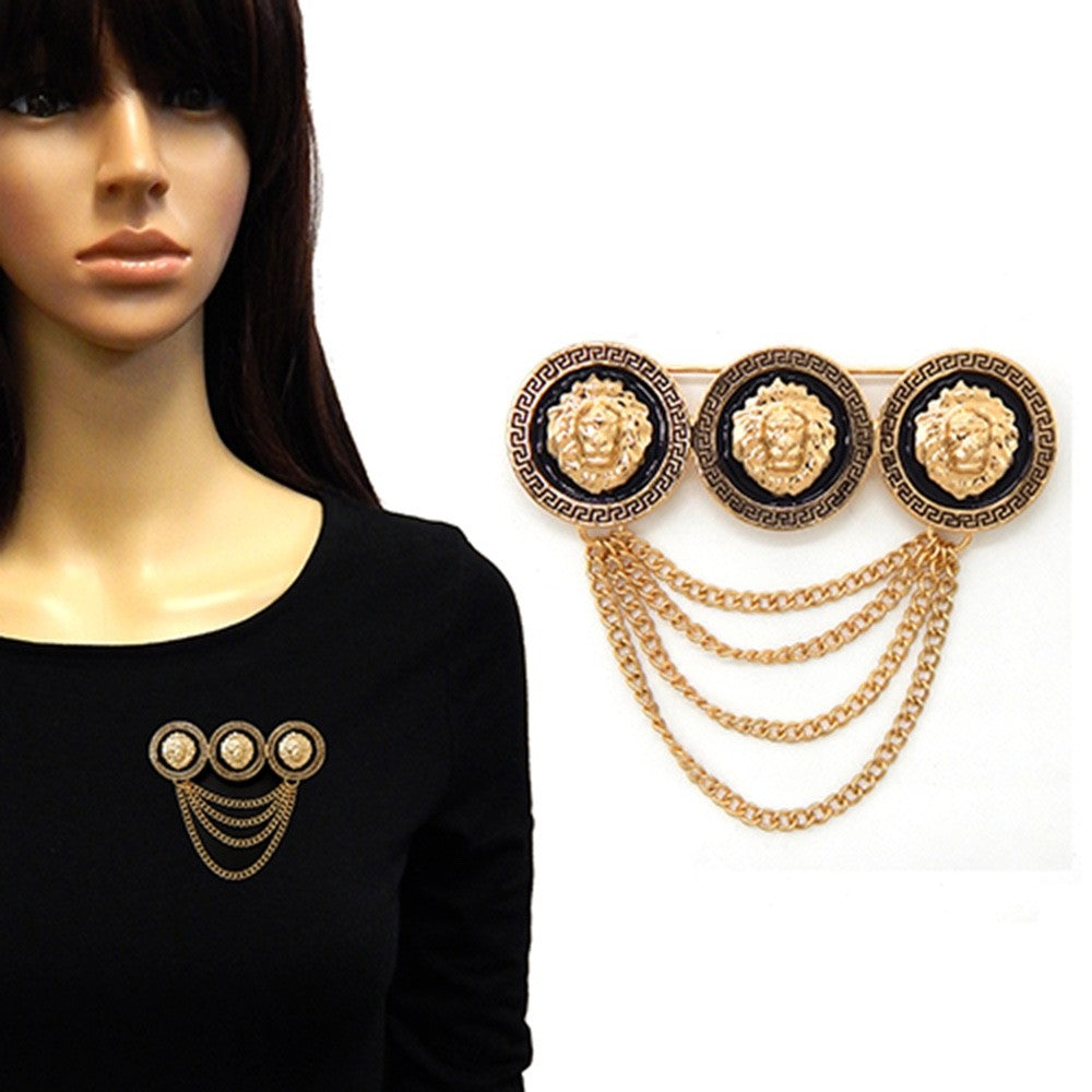 Gold Lion Head Medallion Brooch with Greek Key Border and Draping Chains