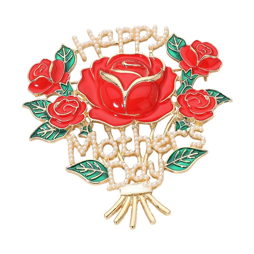 Happy Mothers Day Rose Flower Bouquet Brooch Pearl Enamel Gold Statement Pin