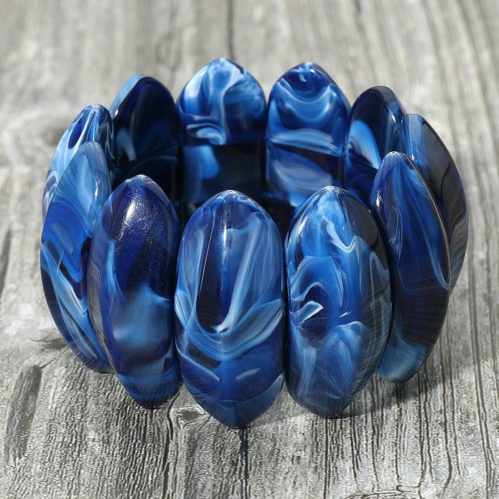 Chunky Bold Marbled Oval Penal Beaded Stretchable Cuff Bracelet for Women Blue