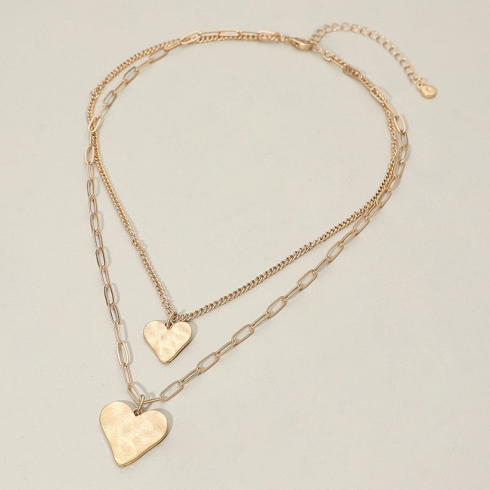 2-Strand Gold Tone Hammered Metal Heart Pendant Necklace Adjustable with Lobster