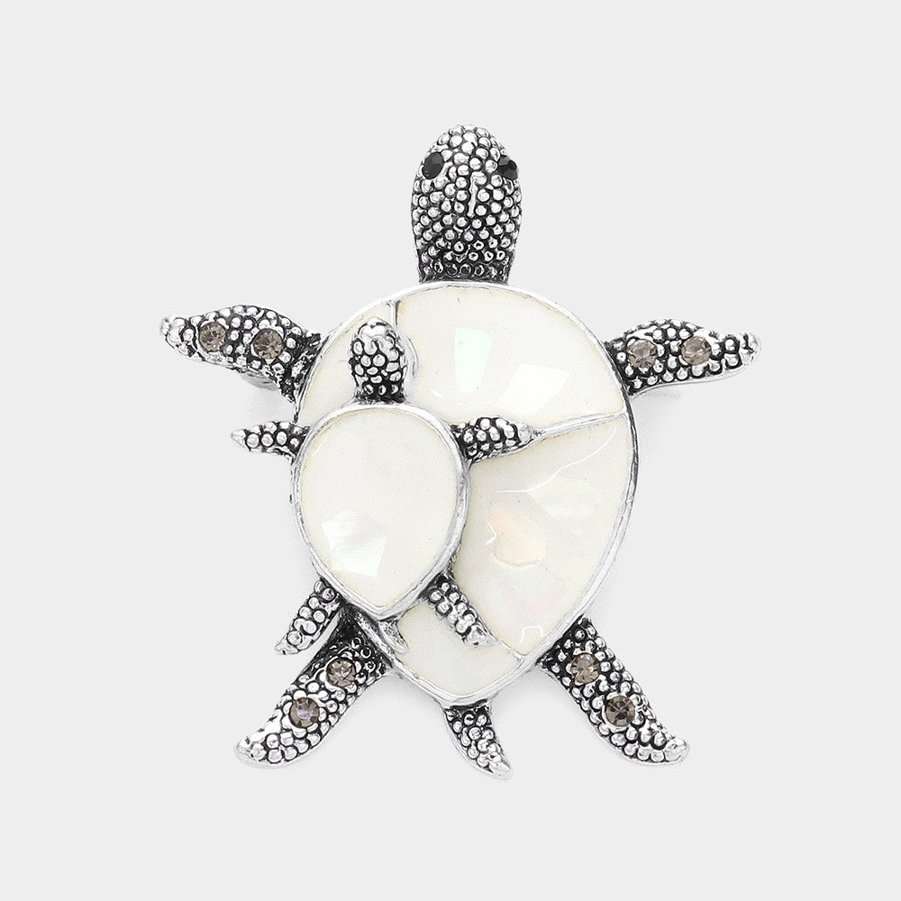 2pcs Turtle Family Brooch Set White and Red Shell Inlay Sea Life Pin Gift