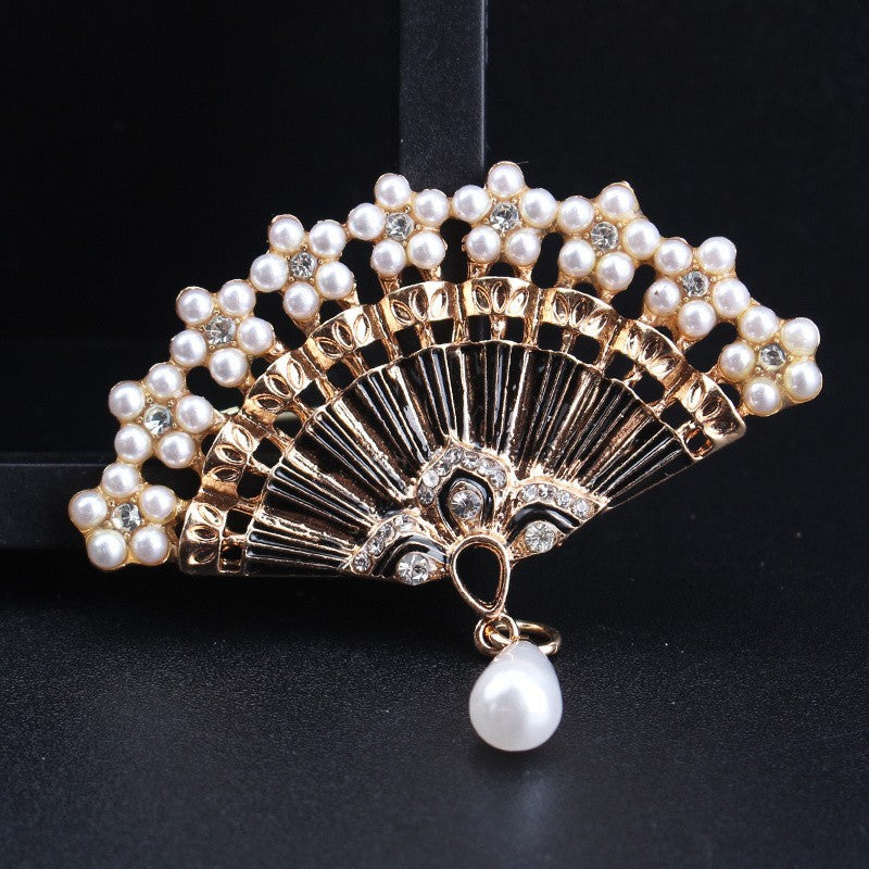 2pcs Folding Fan Brooch Pin Pearl Rhinestone Vintage Enamel Jewelry Set