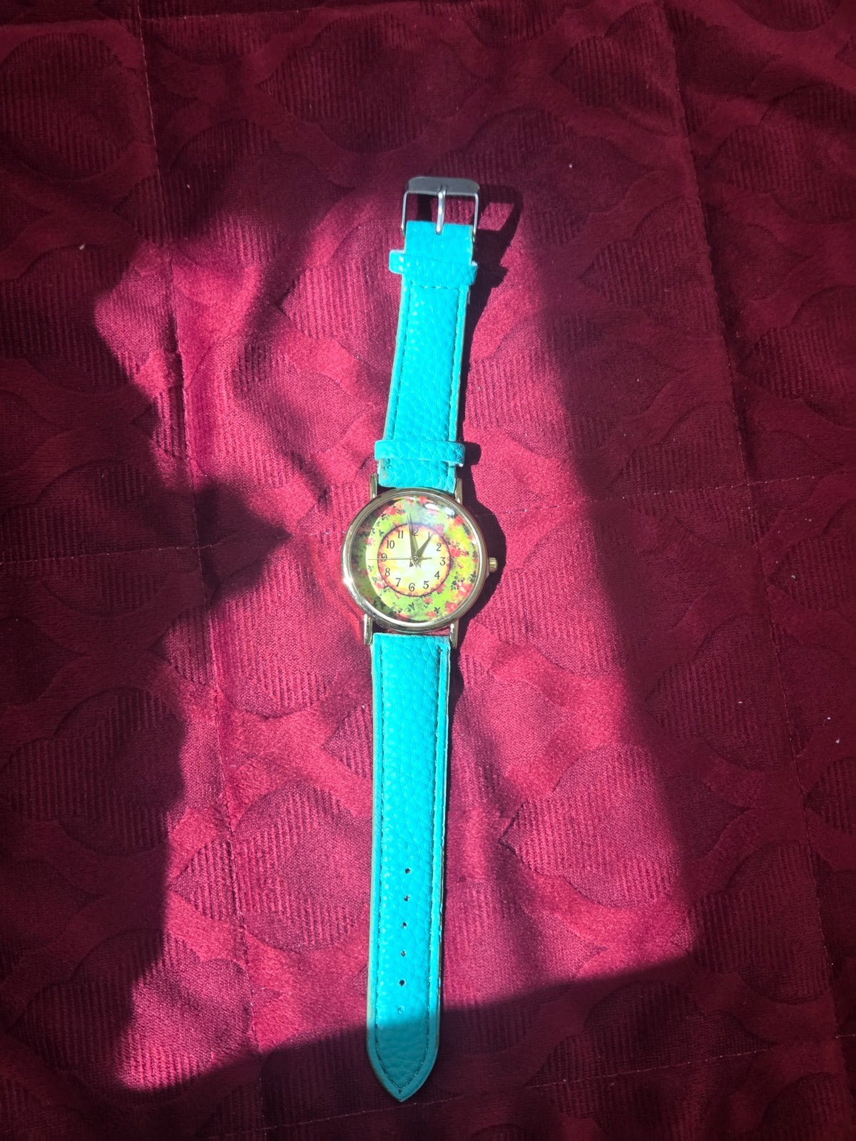 Women's Turquoise Floral Quartz Watch Gold Tone Faux Leather Strap Bright Analog