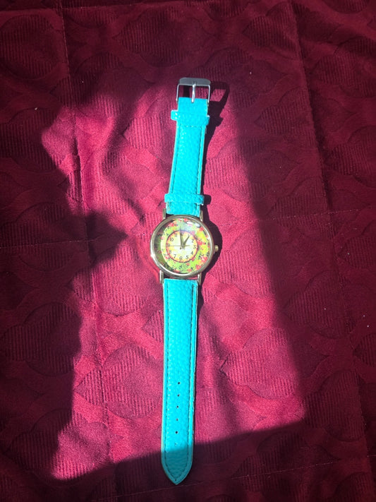 Women's Turquoise Floral Quartz Watch Gold Tone Faux Leather Strap Bright Analog