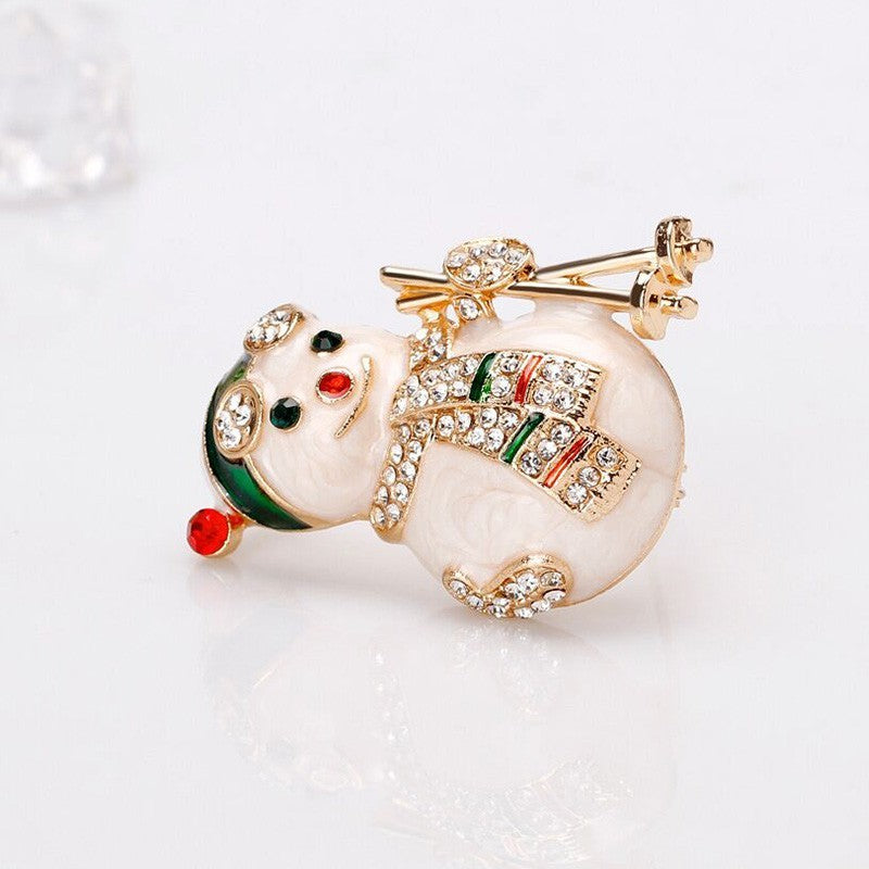 Sparkling Rhinestone Snowman Skiing Brooch Christmas Holiday Winter Pin Enamel G