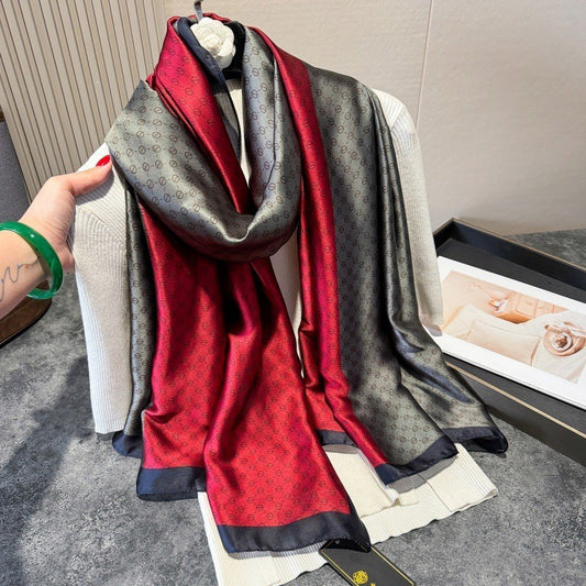 Reversible Red Gray Pattern Polyester Scarf Shawl Wrap Women Oversized