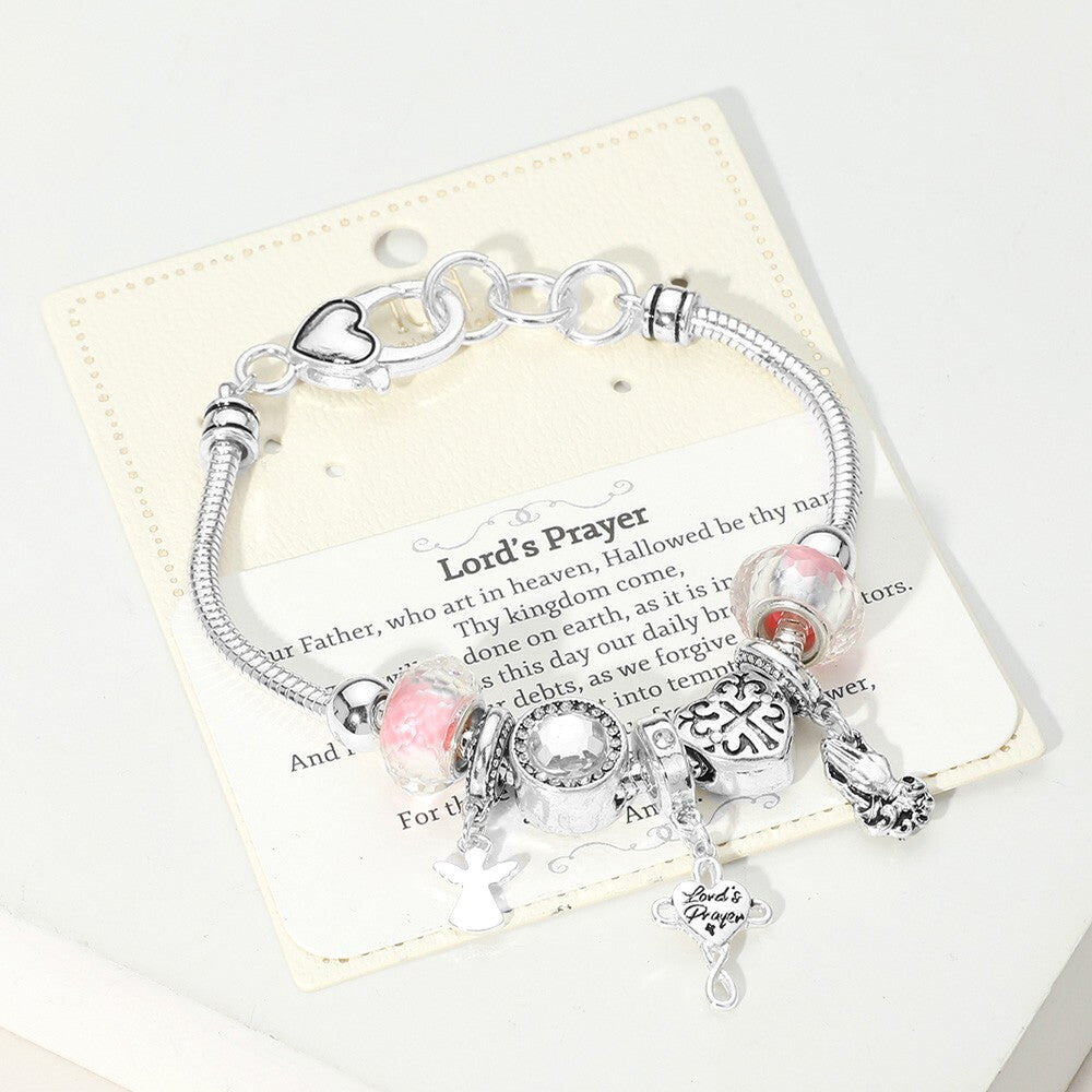 Lord's Prayer Angel Heart Charm Beaded Stretch Bracelet for Women Faith Gift