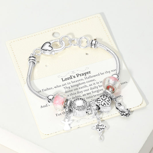 Lord's Prayer Angel Heart Charm Beaded Stretch Bracelet for Women Faith Gift