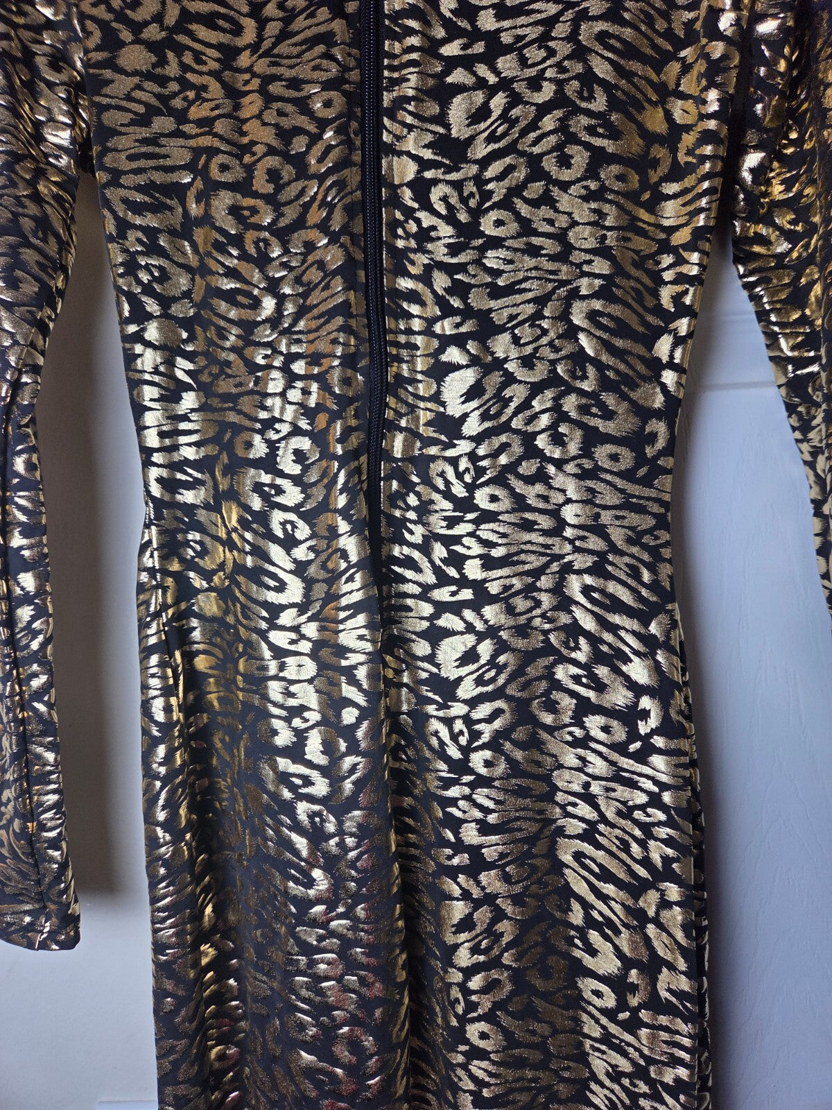 Women’s Leopard Print Bodysuit Jumpsuit Cat Costume Gold Detail Size US S/M