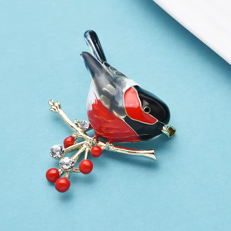 Vintage Style Bird Pins 2-in-1 Set Red Breast Winter Brooch Crystal Rhinestone